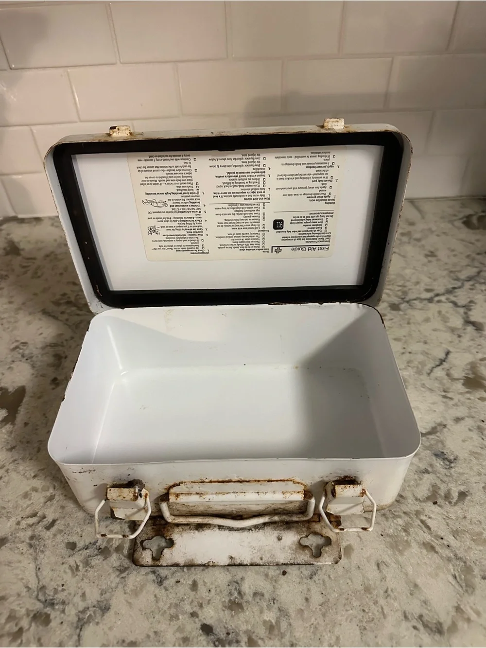 Small White Metal First Aid Kit with Red Cross Graphic